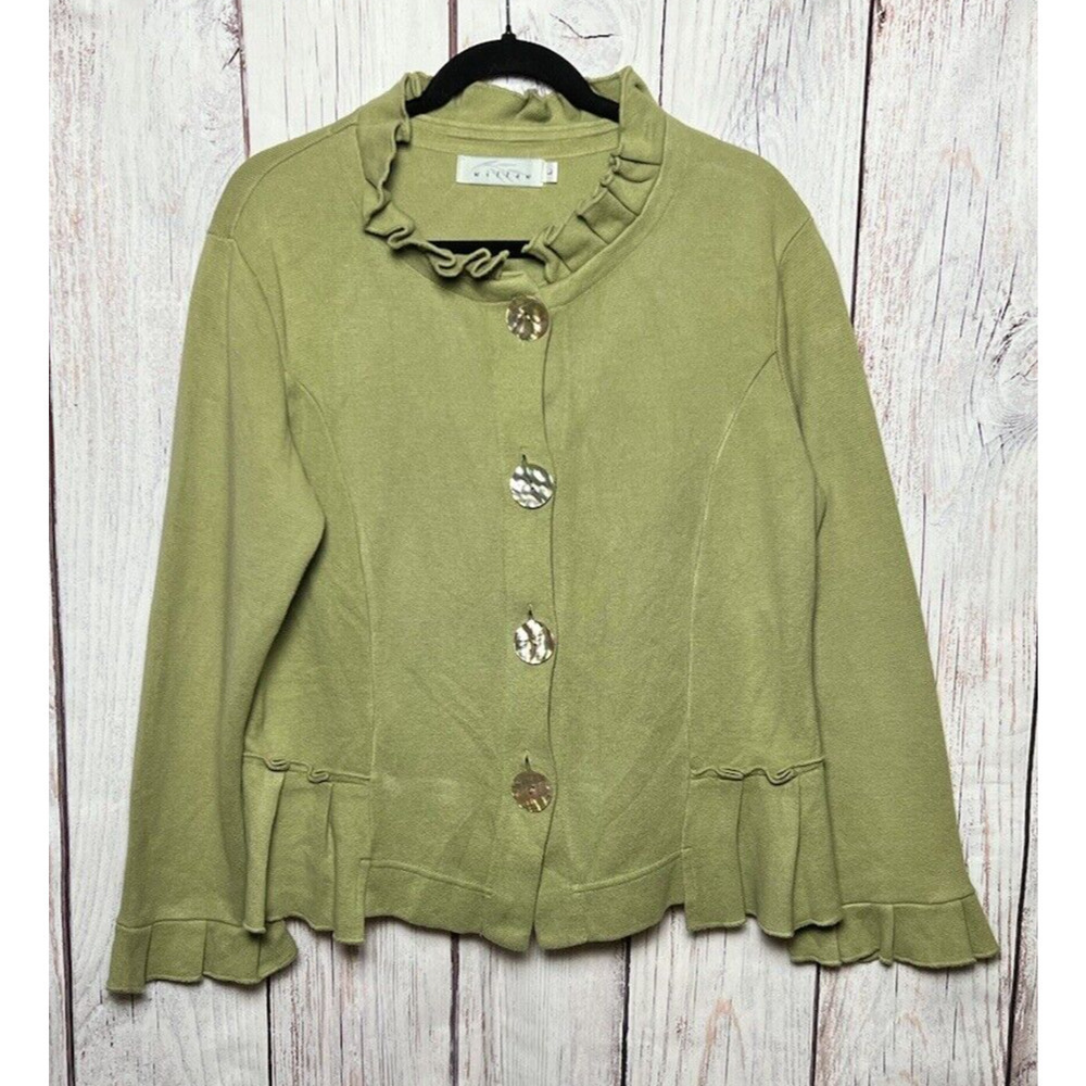 Willow Women’s Vintage Sweater Ruffle Trims Pearlescent Buttons Green Size: L
